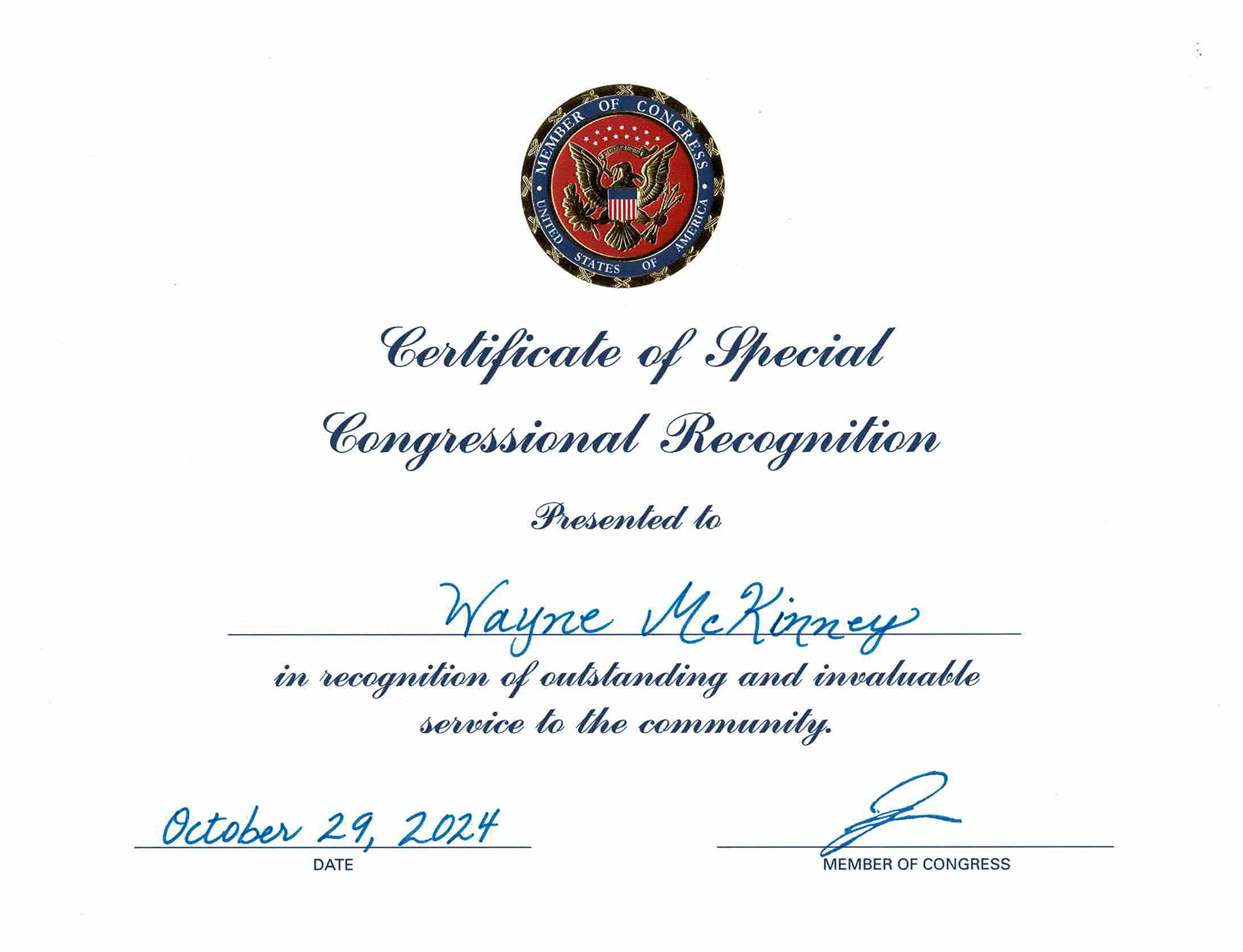 Wayne McKinney awarded with the Certificate of Special Recognition